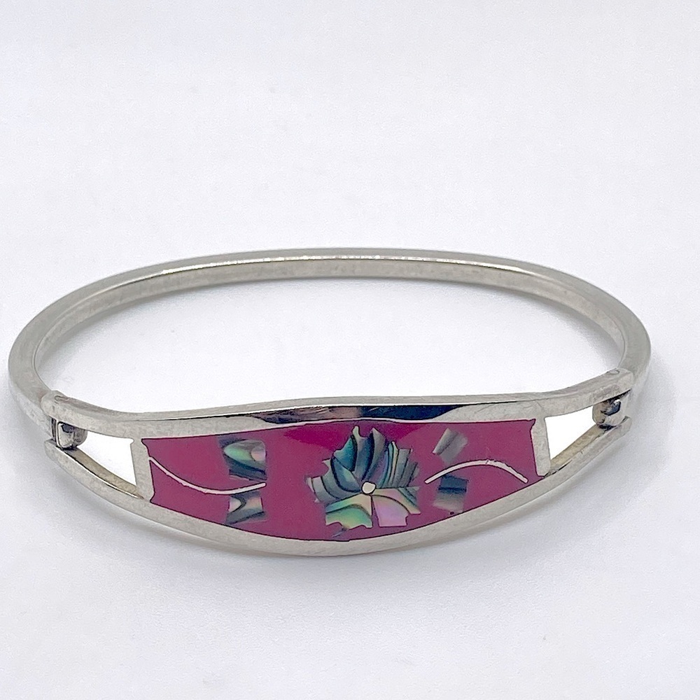 𝅺vtg Taxco Sterling Abalone Inlay Floral Motif w Pink Enamel Bangle 6.5”